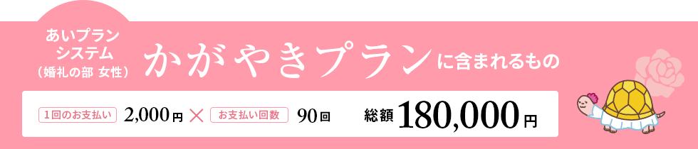 あいプランシステム（婚礼の部 女性）かがやきプランに含まれるもの 1回のお支払い 2,000円 × お支払回数 90回 総額 180,000円