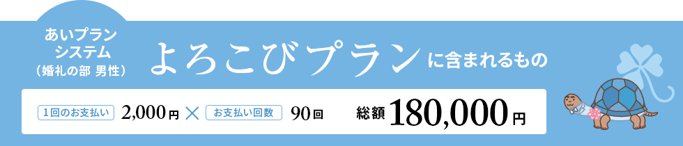 あいプランシステム（婚礼の部 男性）よろこびプランに含まれるもの 1回のお支払い 2,000円 × お支払回数 90回 総額 180,000円